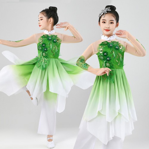 Royal blue Green Fuchsia Gradient Colored Chinese Folk Dance Dresses for Girls kids Hanfu Ancient Traditional Fan Umbrella dance Costumes  For Children